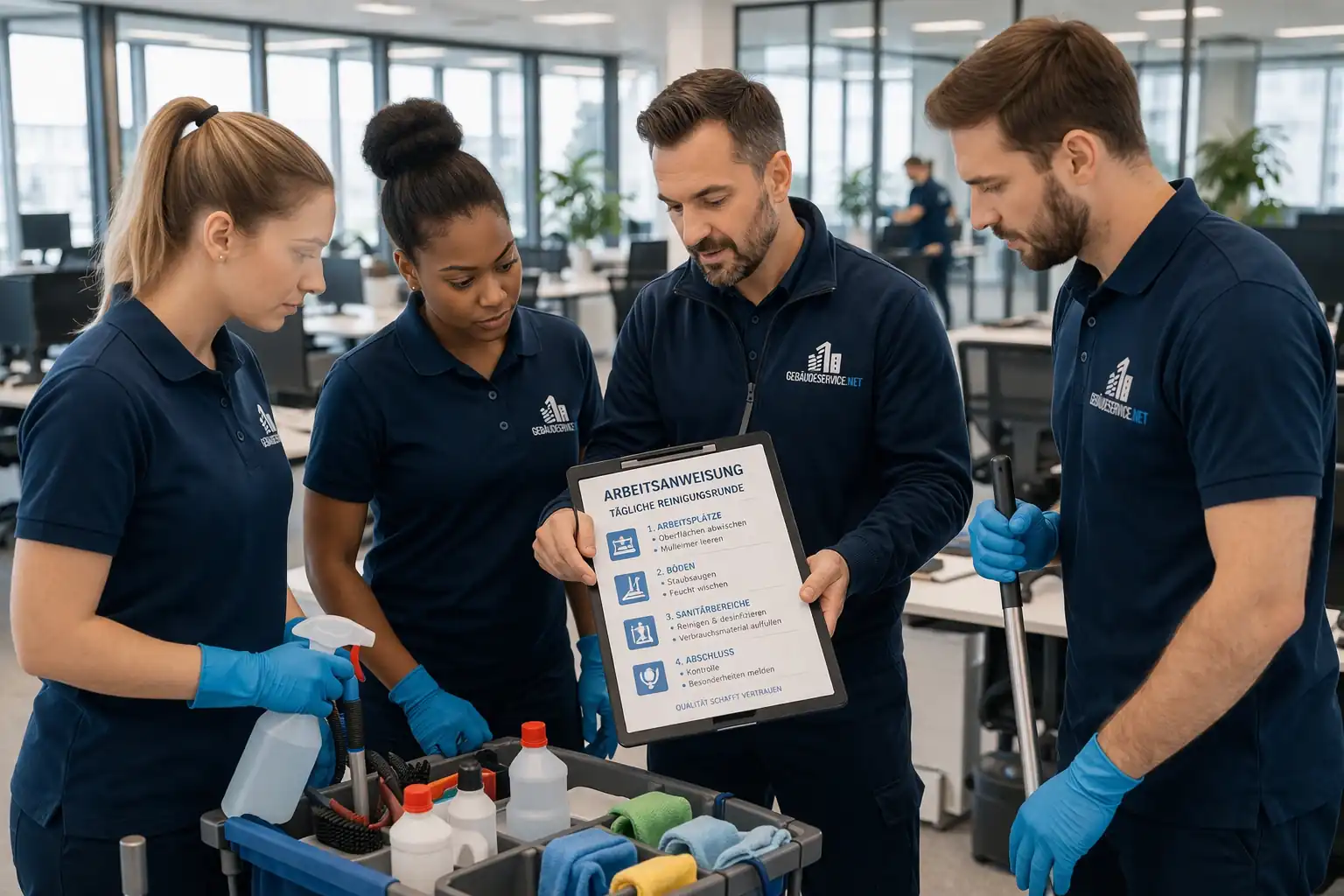 Industriereinigung in einer großen Halle mit professionellem Reinigungsteam