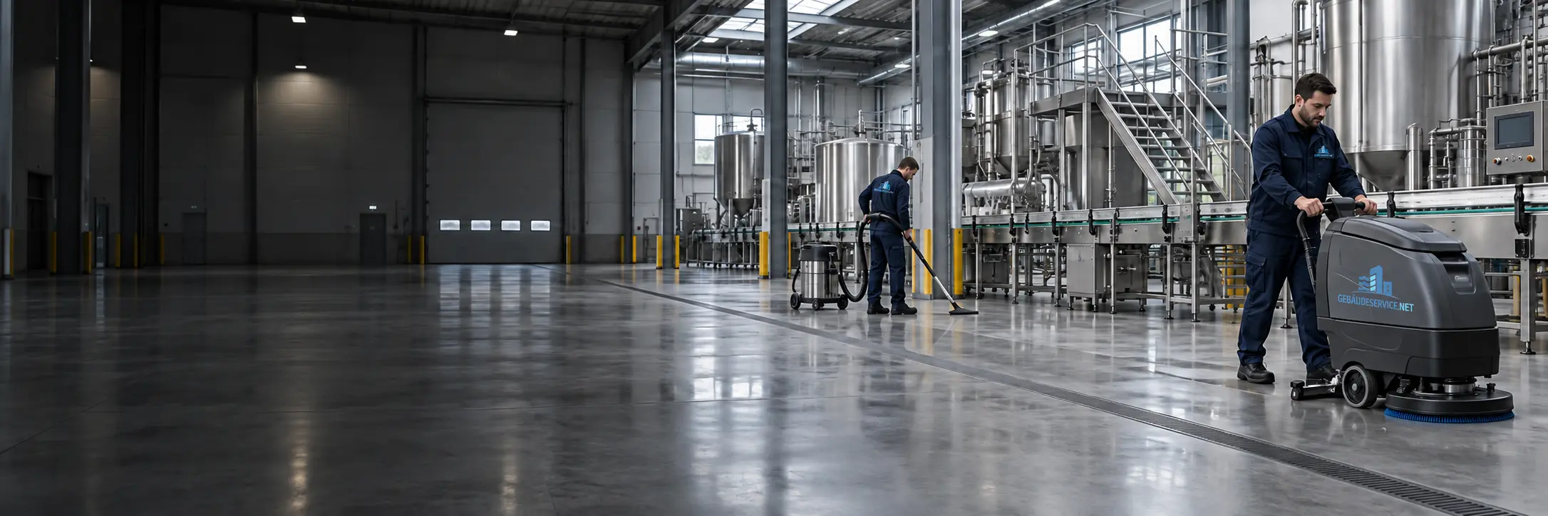 Industriereinigung einer Produktionshalle mit Reinigungsmaschine